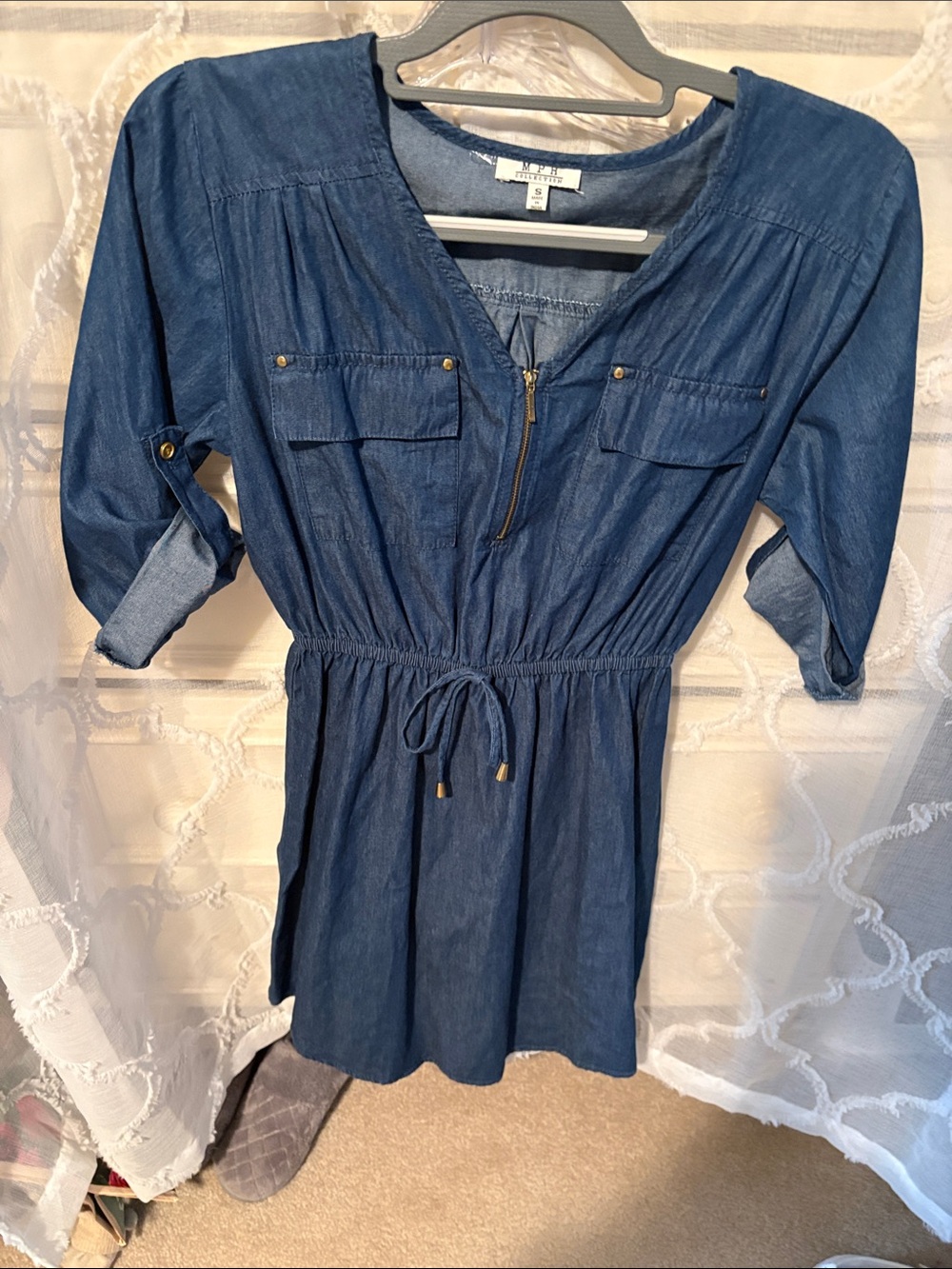 MPG Blue Chambray Drawstring Waist Mini Dress